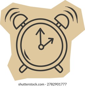 Alarm clock buzzing with motion lines on torn craft paper cutout, sketched with bold lines. Symbol of urgency, deadline, and wake up time for school and schedule. Cartoon vector illustration.