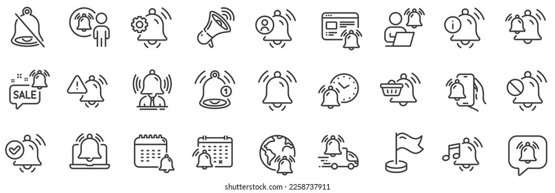 Alarm Clock, Calendar Reminder, Notification Bell. Notification line icons. User Message Alarm, Phone ring, Sale offer line icons. Time reminder, Delivery notification and calendar bell. Vector