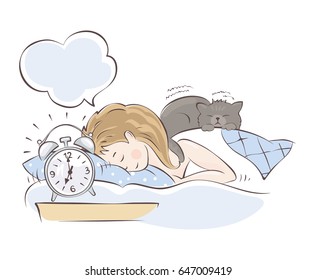 Alarm clock call in the morning / Girl sleeping with cat on the bed, vector illustration