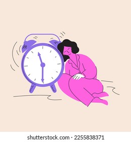 Alarm clock call in the morning. Sleeping woman near the ringing alarm clock. Сartoon character. Lazy awakening. Girl leaned against the clock