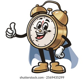 Alarm Clock with caped superhero style,     Cartoon Character Mascot Illustration Vector Clip-art Hand-drawn Logo Design