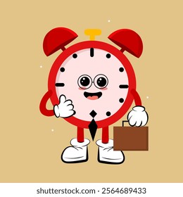 Alarm clock cartoon character, Cute clock cartoon mascot holding bag, business cloc cartoon perfect to valentine greeting card, sticker, mascot, icon