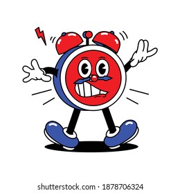 alarm clock cartoon character vector illustration with shocked facial expression indicating a sounding alarm, perfect for alarm clock logo, watch logo