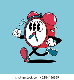 alarm clock cartoon character vector illustration with shocked facial expression indicating a sounding alarm, perfect for alarm clock logo, watch logo