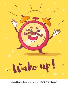 Alarm clock with cartoon face Vector. Cartoon. Isolated art on white background. Flat Card Poster
