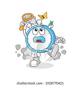 alarm clock catch butterfly illustration. character vector