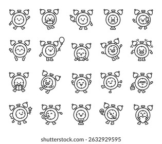Alarme relógio conjunto de caracteres com emoções engraçadas charmosas atividades sorridentes reações amistosas poses adoráveis humores, segurando objetos e situações positivas para seus projetos criativos