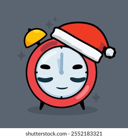 An alarm clock with Christmas hat. Isolated Vector illustration