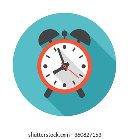 Alarm clock circle icon with long shadow. Flat design style. Clock simple silhouette. Modern, minimalist, round icon in stylish colors. Web site page and mobile app design vector element.