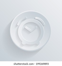 alarm clock. circle white paper icon with a long shadow.