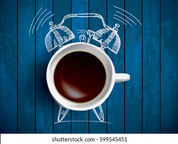 Alarm clock and coffee concept illustration with doodle