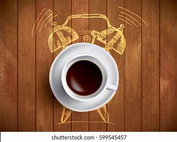 Alarm clock and coffee concept illustration with doodle. Realistic cup of black americano in white cup with hand drawn sketch of alarm clock, wake up concept on wooden background. Morning coffee. 