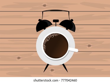 Alarm clock and coffee in cup abstract. Coffee break time concept illustration vector