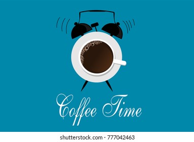 Alarm clock and coffee in cup abstract. Coffee break time concept illustration vector
