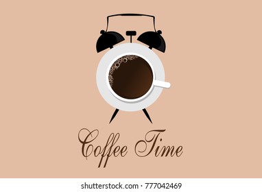 Alarm clock and coffee in cup abstract. Coffee break time concept illustration vector