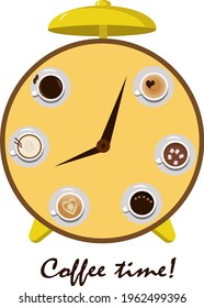 Alarm clock with coffee cups arranged in a circle. View from above. Time for coffee. For use in logos and icons, labels, coffee breaks, catering. Vector illustration on a colored background with text