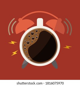 alarm clock Coffee shape vector cartoon sign. Good morning symbol concept & time to wake up or get up icon. Breakfast break or drink cappuccino flat design illustration creative. simple wecker ringing