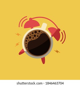 alarm clock Coffee shape vector cartoon sign. Good morning symbol concept & time to wake up or get up icon. Breakfast break or drink cappuccino flat design illustration creative. simple wecker ringing