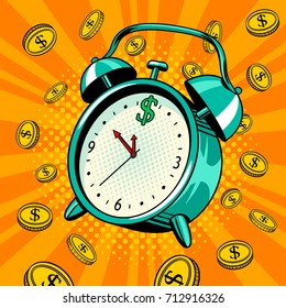 Alarm Clock With Coins Pop Art Retro Vector Illustration. Time Money Metaphor. Comic Book Style Imitation.