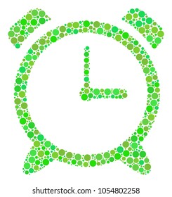 Alarm Clock collage of circle elements in different sizes and ecological green color tinges. Vector round dots are organized into alarm clock mosaic. Ecology design concept.