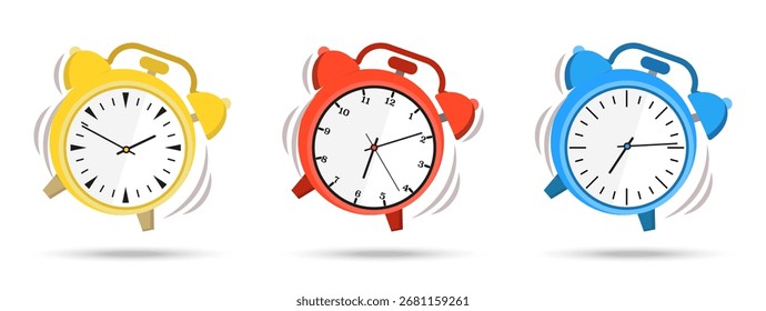 Coleção do relógio do alarme com desenhos brilhantes do toque. Cores diferentes mostram efeito de movimento. Perfeito para ilustrações de horário, manhã e horário