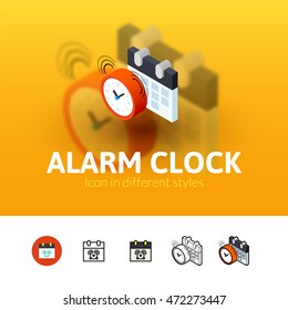 Alarm clock color icon, vector symbol in flat, outline and isometric style isolated on blur background