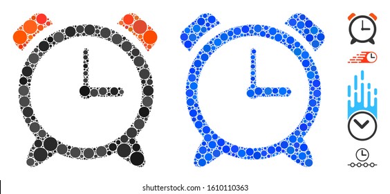 Alarm clock composition of small circles in different sizes and color tints, based on alarm clock icon. Vector small circles are organized into blue composition.
