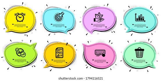 Alarm clock, Computer keyboard and Report document signs. Chat bubbles with quotes. Statistics, Trash bin and Targeting line icons set. Organic product, Diagram graph symbols. Vector