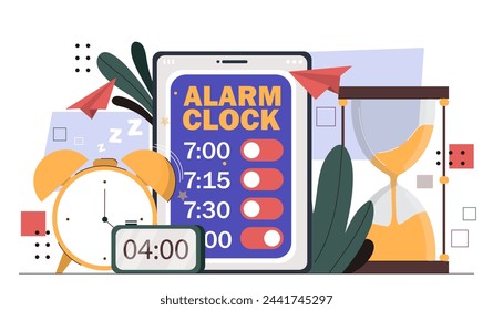 Alarm clock concept. Cloks and hourglass near smartphone. Waking up and morning. Reminder and organizer. Correct daily regime. Cartoon flat vector illustration isolated on white background