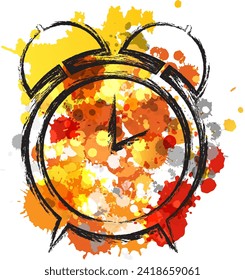 Alarm clock. Concept of alarm, deadline or time. Vector illustration with orange colorful paint splashes.