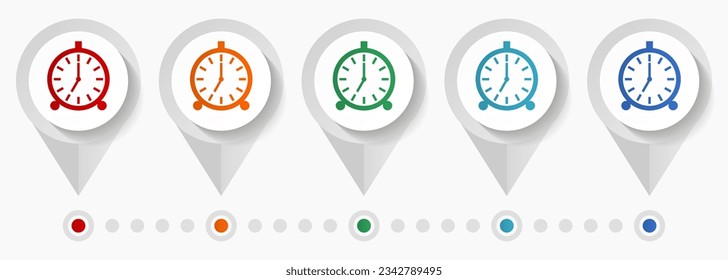 Alarm clock concept vector icons, editable infographic template, set of colorful flat design pointers