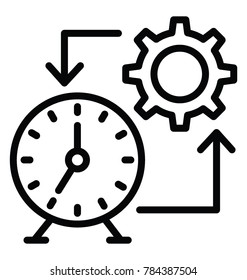 Alarm clock connecting with gear wheel, concept of time management line icon