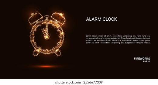 Alarm clock. An alarm clock consists of sparks and fire. Festive bright fireworks. Decorative element for celebrations and holidays. Vector illustration.