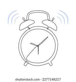Reloj de alarma en estilo de dibujo de línea continua. Iniciar concepto de trabajo. Reloj de alarma de esbozo lineal negro minimalista aislado sobre fondo blanco. Ilustración del vector