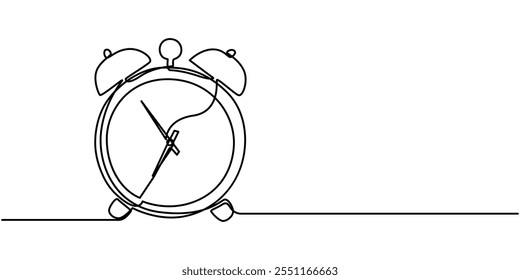 Alarm Clock Continuous Line Drawing with Editable Stroke, Stopwatch Continuous Line Icon, Continuous one line drawing of vintage alarm clock vector design. Single line art illustration on the theme