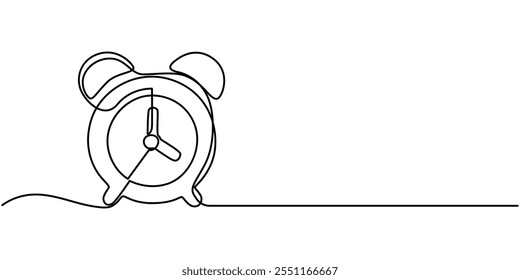 Alarm Clock Continuous Line Drawing with Editable Stroke, Stopwatch Continuous Line Icon, Continuous one line drawing of vintage alarm clock vector design. Single line art illustration on the theme