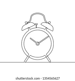 Alarm clock continuous one line drawing. Black and white sketch vector illustration.