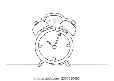 Alarm clock continuous one line drawing. Table clock single line art illustration. Editable vector.