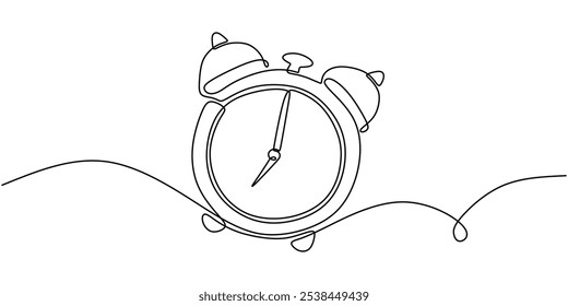 Alarm clock in continuous one line drawing. Education concept symbolizing time management and schedules.