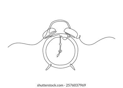 Alarm clock in continuous one line drawing. Single line art draw of vintage alarm clock. Editable vector.