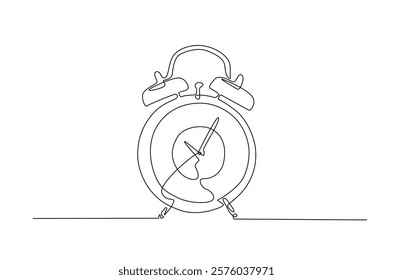 Alarm clock in continuous one line drawing. Single line art draw of vintage alarm clock. Editable vector.