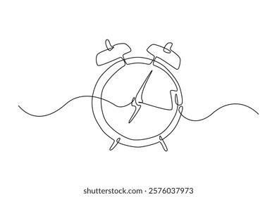 Alarm clock in continuous one line drawing. Single line art draw of vintage alarm clock. Editable vector.