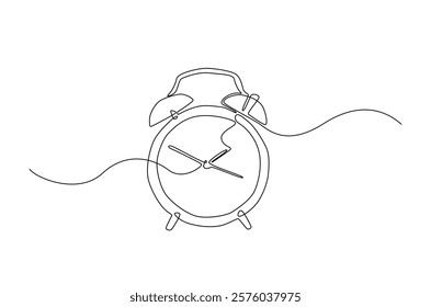 Alarm clock in continuous one line drawing. Single line art draw of vintage alarm clock. Editable vector.