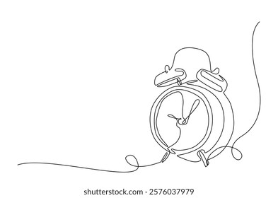 Alarm clock in continuous one line drawing. Single line art draw of vintage alarm clock. Editable vector.