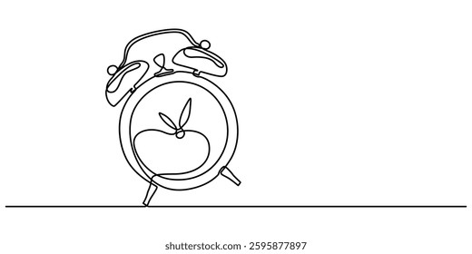 Alarm clock in continuous one line drawing. Single line art draw of vintage alarm clock. Editable vector, Alarm Clock Continuous Line Drawing with Editable Stroke, Stopwatch Continuous Line Icon, pro.