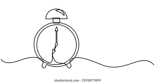 Alarm clock in continuous one line drawing. Single line art draw of vintage alarm clock. Editable vector, Alarm Clock Continuous Line Drawing with Editable Stroke, Stopwatch Continuous Line Icon, pro.