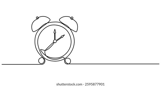 Alarm clock in continuous one line drawing. Single line art draw of vintage alarm clock. Editable vector, Alarm Clock Continuous Line Drawing with Editable Stroke, Stopwatch Continuous Line Icon, pro.