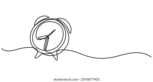 Alarm clock in continuous one line drawing. Single line art draw of vintage alarm clock. Editable vector, Alarm Clock Continuous Line Drawing with Editable Stroke, Stopwatch Continuous Line Icon, pro.