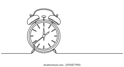 Alarm clock in continuous one line drawing. Single line art draw of vintage alarm clock. Editable vector, Alarm Clock Continuous Line Drawing with Editable Stroke, Stopwatch Continuous Line Icon, pro.