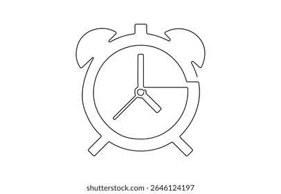 Alarm clock in continuous one line drawing. Single line art draw of vintage alarm clock. Editable vector, Alarm clock continuous line art. Editable outline.